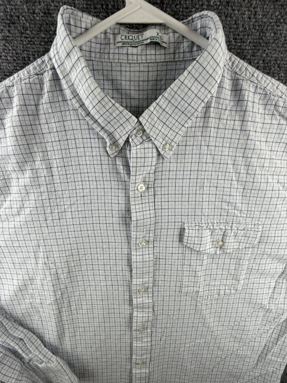 Criquet Organic Cotton Blue White Check Long Sleeve Button Up Shirt 2XL Pocket